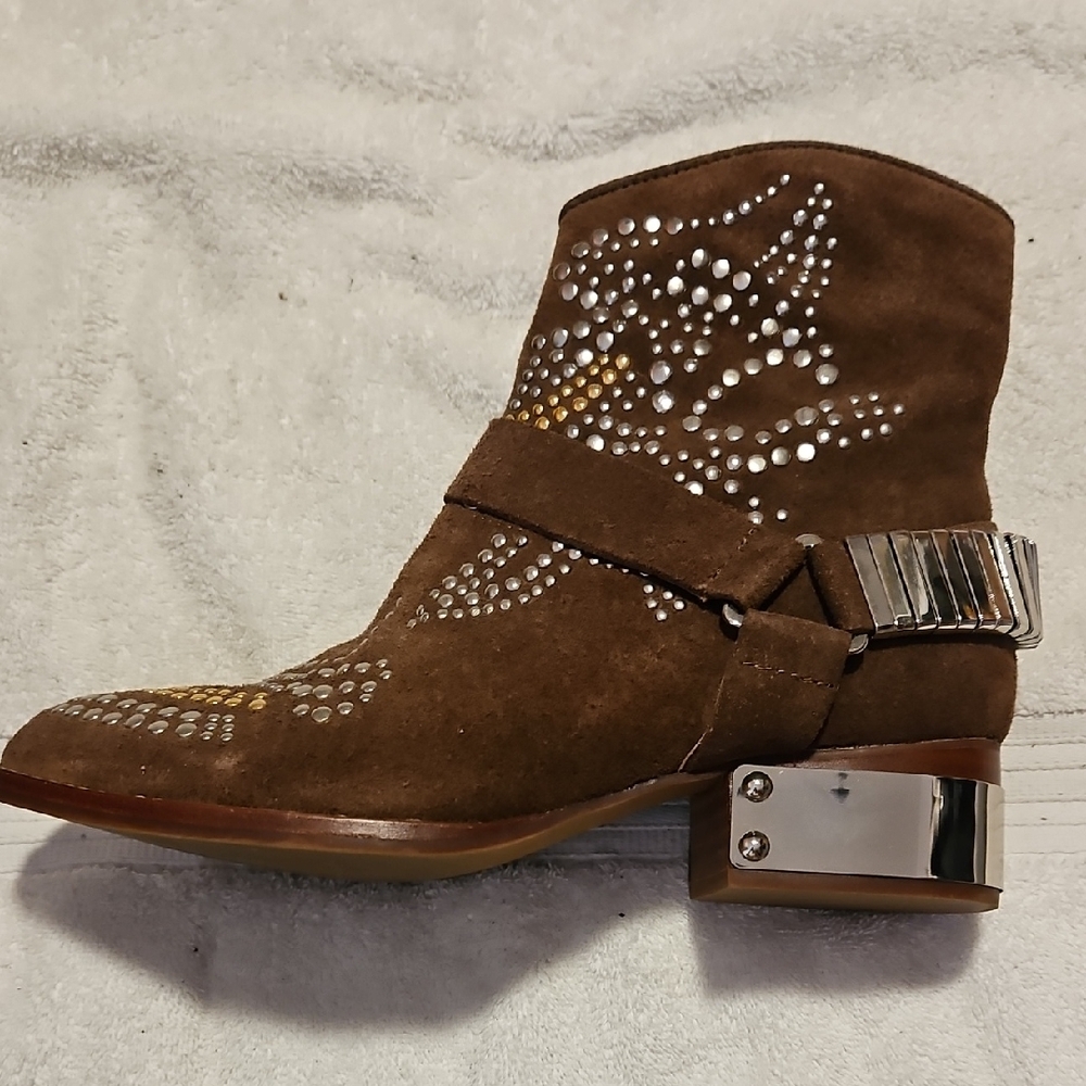 Jeffrey Campbell Brown Suede Studded Ankle Bootie with Mirrored Heel